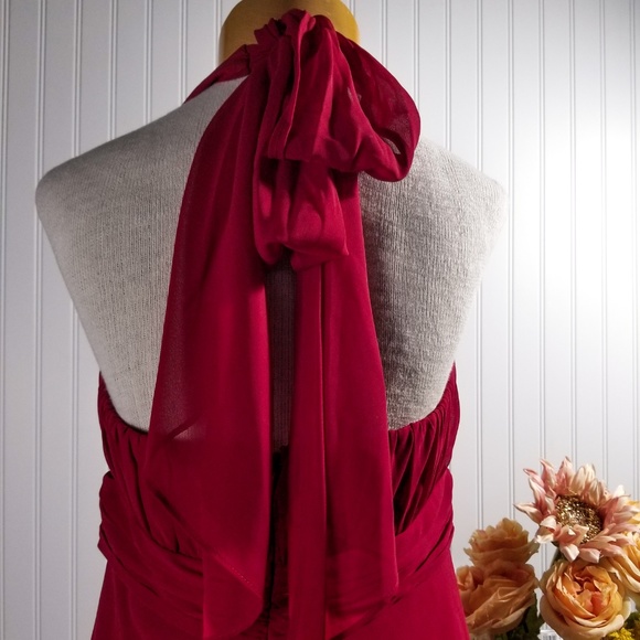 | david's bridal | cranberry halter tie midi dress - Picture 4 of 6